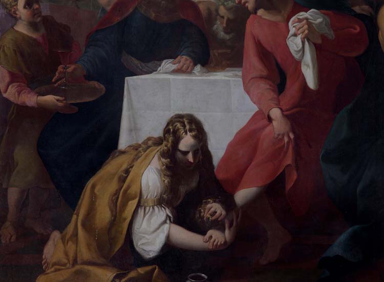 Giuseppe Tortelli, Maddalena in casa di Simone il fariseo (XVIII secolo), olio su tela, particolare. Brescia, San Giovanni Evangelista